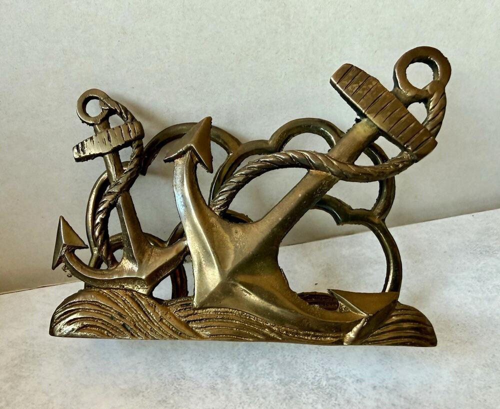 Vintage Brass Envelope or Napkin Holder Nautical Ship Anchors Ropes Ocean Waves